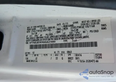 2013 Ford Econoline E250 Van из США, поврежденный, VIN 1FTNE2EWXDDA31660